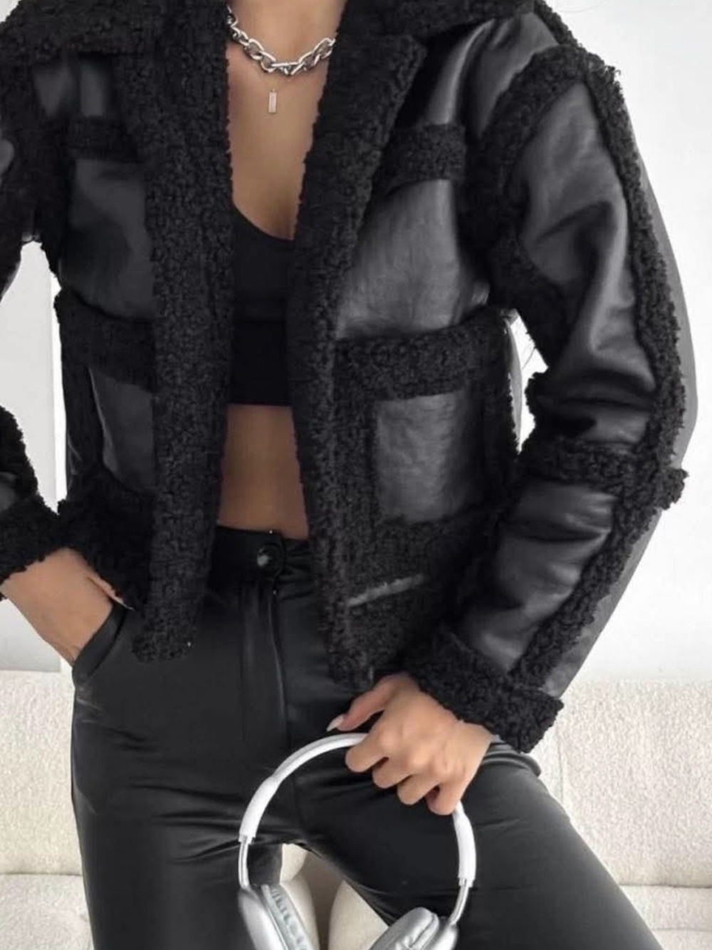 Kenneth Cole Black Faux Shearling Trim Teddy Jacket